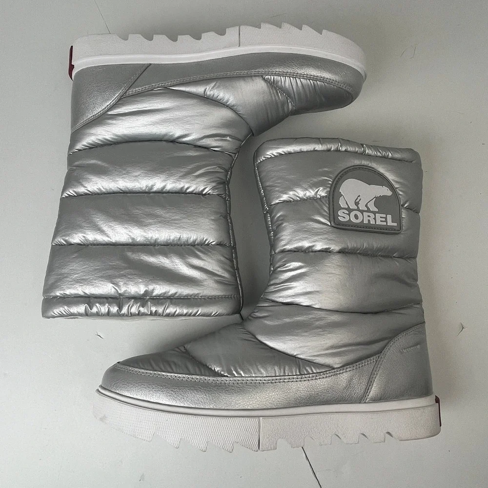 Sorel Waterproof Metallic Silver Puffer Snow Boots‎ Womens 9.5 Après Ski Y2K